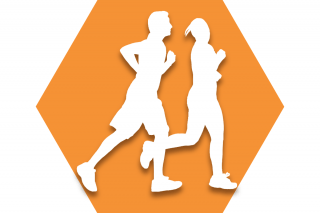 Orange hexagon with symbol of two runners representing UFT Runners Committee
