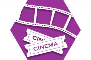 Purple hexagon with symbol of film and movie tickets representing UFT Social and Recreational Committee