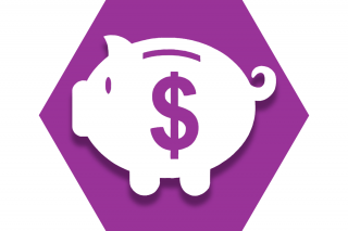 Purple hexagon with a piggy bank and dollar symbol representing Teacher's Choice