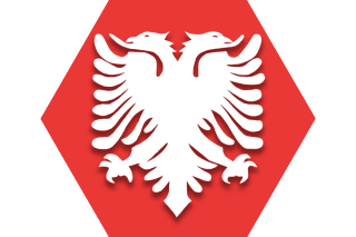 Hexagon with red background and symbol representing UFT Albanian American Heritage Committee