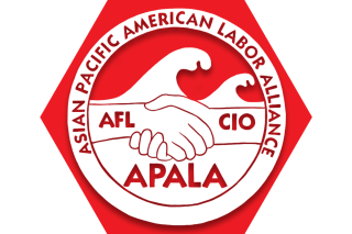 Hexagon with red background and text reading Asian Pacific American Labor Alliance