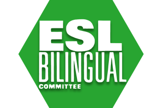 Hexagon with green background and text ESL/Bilingual Committee