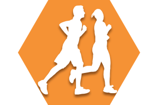 Orange hexagon with symbol of two runners representing UFT Runners Committee
