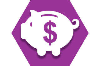 Purple hexagon with a piggy bank and dollar symbol representing Teacher's Choice