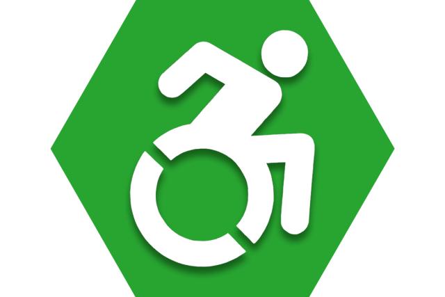 Hexagon with green background and symbol of person in wheelchair to represent UFT Capably Disabled Committee
