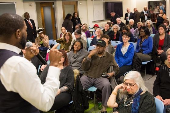The Manhattan town hall drew a standing-room-only crowd.