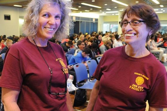 Teacher Cynthia Olsen-Dinkins (left) and school counselor Mary Castelo accompani
