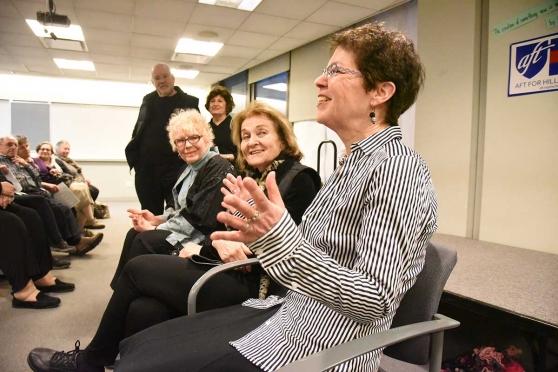 Eileen Bover (right) responds as she and the other playwrights, Barbara Haspel (