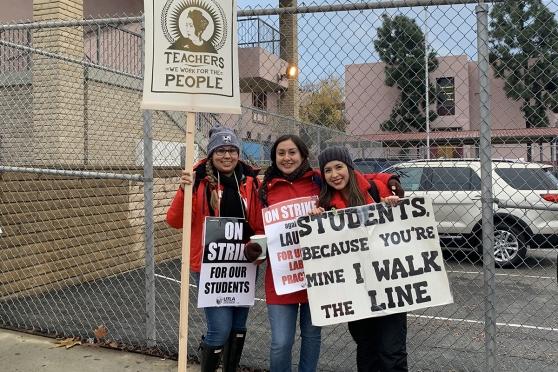 Teachers walk the picket line at Sheridan Street Elementary School during the strike in Los Angeles.