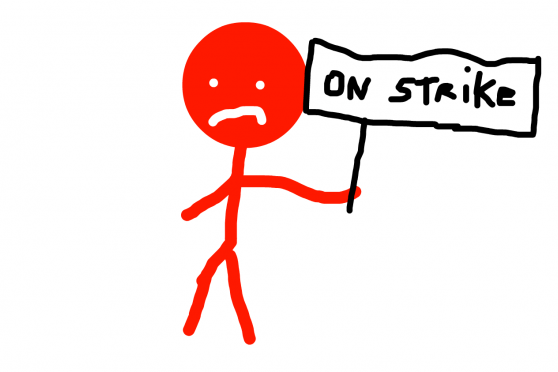 Red stick figure holding up an on strike sign