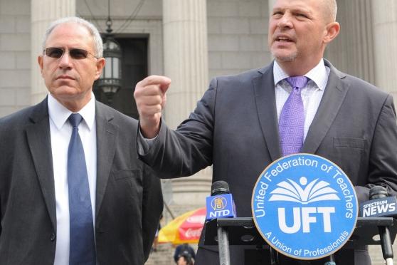 UFT President Michael Mulgrew (right) and NYSUT President Andy Pallotta discuss 