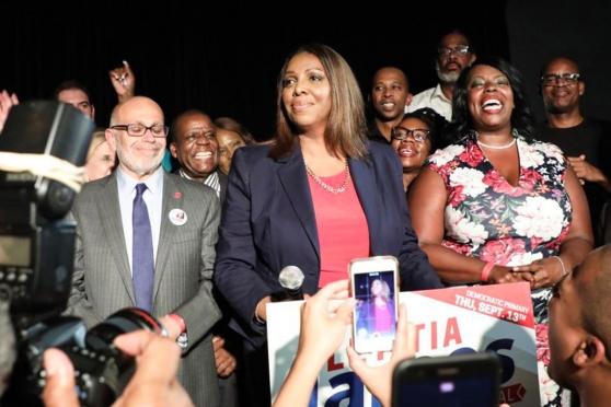 Letitia James celebrates with supporters after winning the Democratic primary fo