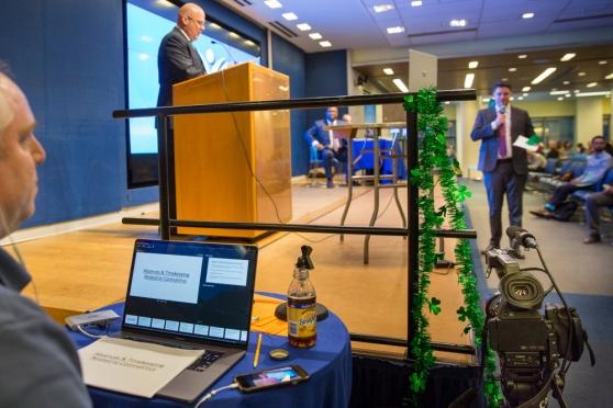 The delegate assembly takes place while a camera is recording to live stream the meeting. 