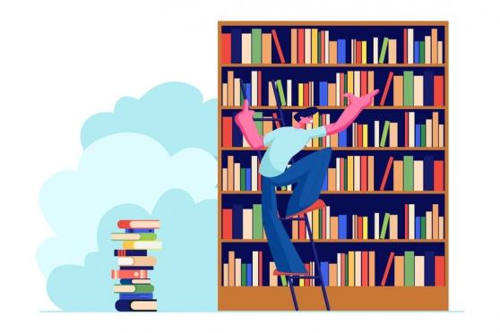 Cartoon graphic of a man reaching for a book on a bookshelf