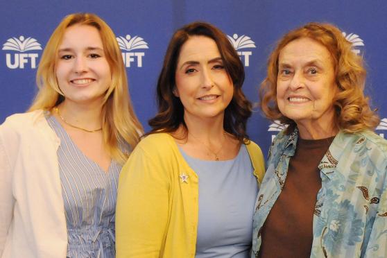 Reflecting three generations of UFT members are Learning Environment Award-winning teacher Jean Pedri (center) of IS 61 in Corona, Queens, flanked by her daughter Shannon Kelly, a per diem substitute teacher at IS 61, and her mother, Margaret Bena, a school librarian at IS 145 in Flushing, Queens, and a UFT member since 1961.