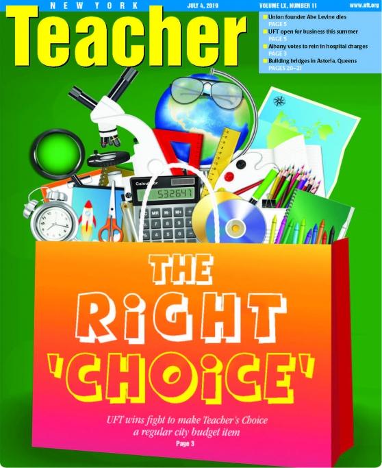 Shopping bag captioned, "The right Choice" filled with school supplies.