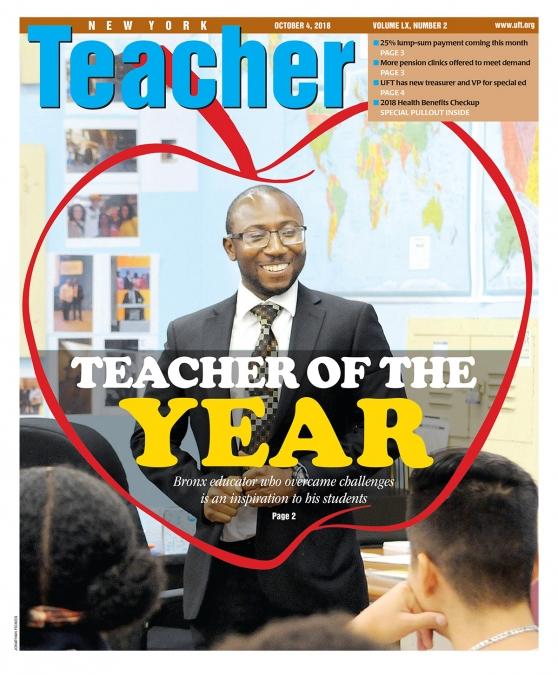NYT Cover - Teacher of the year, many smile with a red apple drawn around him
