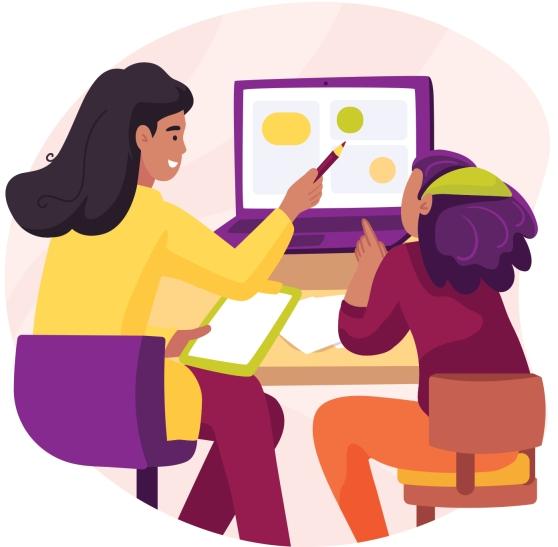A clip-art illustration of a teacher working with a student at a computer screen. 