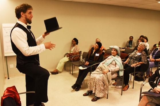 Storyteller Lou Del Bianco, dressed as Abraham Lincoln, uses a unique approach presenting in the From Railsplitter to President workshop.