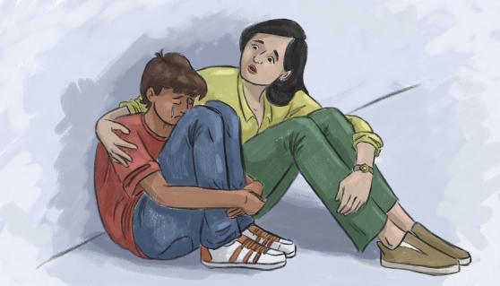 An illustration of a teacher consoling a student. Illustration by Olivia Singler