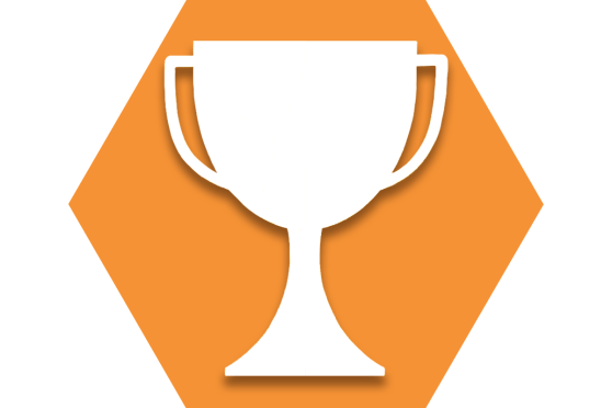 Orange hexagon with outline of a trophy