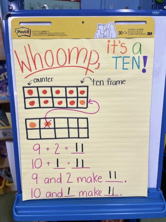 Image shows a poster board with the words "Whoomp, it's a 10!" Below is an image of a ten-frame with counters