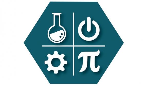 symbols of a beaker, start button on a computer, a gear, and the pie sign