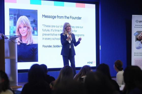 Goldie Hawn leads members in a professional development workshop in core MindUP principles at UFT headquarters in Manhattan.