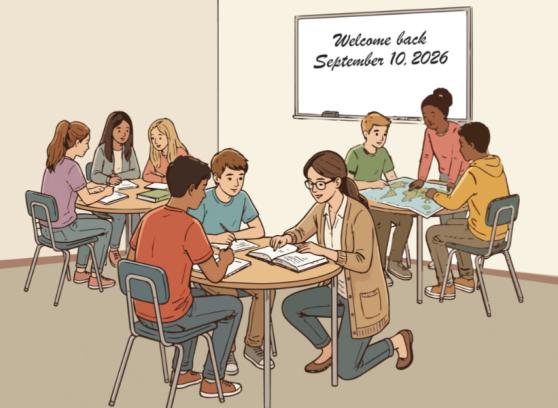 Illustration of students sitting in classroom groups