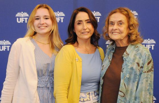 Reflecting three generations of UFT members are Learning Environment Award-winning teacher Jean Pedri (center) of IS 61 in Corona, Queens, flanked by her daughter Shannon Kelly, a per diem substitute teacher at IS 61, and her mother, Margaret Bena, a school librarian at IS 145 in Flushing, Queens, and a UFT member since 1961.