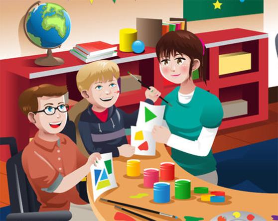 A clip art graphic of three individuals working together seated at a table