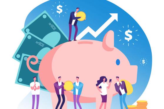 People standing in front of piggy bank with arrows up for financial growth