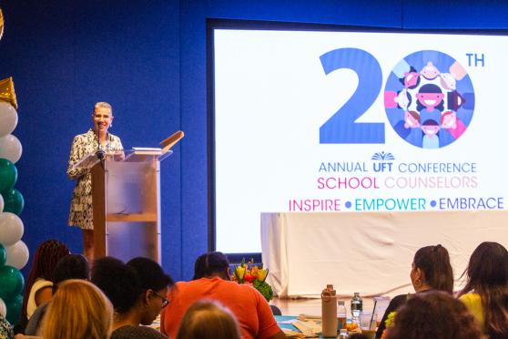 Chapter Leader Rosemarie Thompson addresses attendees at the 20th annual School Counselors Conference