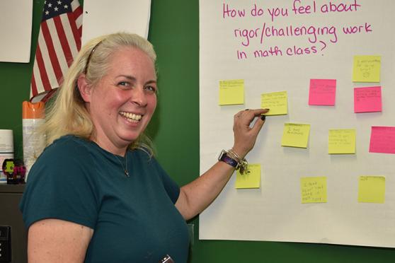 Women pointing to post it notes on a classroom board