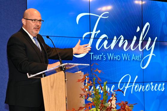 UFT President Michael Mulgrew addresses the first hybrid Teacher Union Day gathering in Shanker Hall.