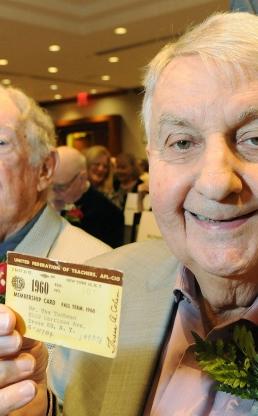 Max Tuchman (right), who participated in the first union strike and began teachi