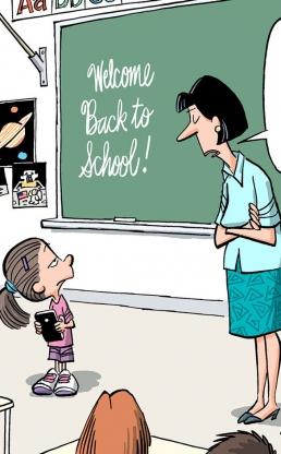Cartoon depicting a teacher looking down at a student in front of a classroom with a speech bubble that says "We don't all follow you on Twitter, Kayla, so please just tell the class what you did during the summer"
