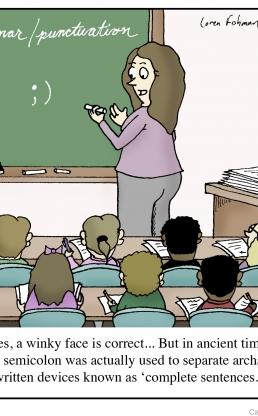 Teacher in front of chalkboard draws emoji