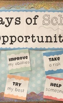 Bulletin board that says "180 days of school = 180 opportunities to..."