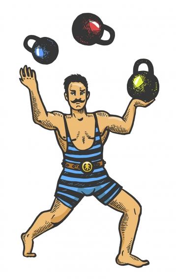 Illustration of man juggling weights