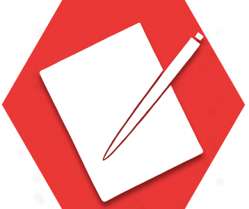 Red hexagon with symbol of paper and pen