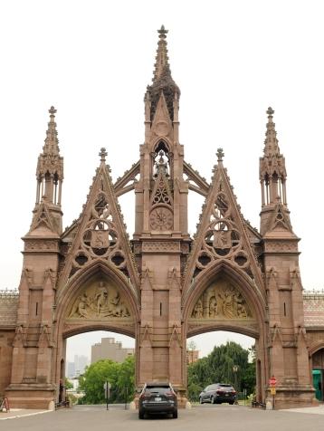 The Gothic Revival gate welcomes visitors to the main entrance of the Green-Wood Cemetery and is also home to a colony of monk parakeets.