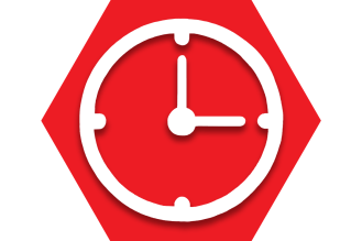 Red hexagon with outline of clock