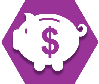 Purple hexagon with a piggy bank and dollar symbol representing Teacher's Choice