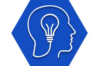 Blue hexagon with symbol of head and light bulb