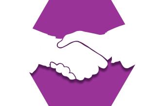 Hexagon with purple background and handshake representing UFT community partners