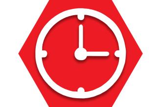 Red hexagon with outline of clock