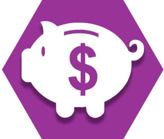 Purple hexagon with a piggy bank and dollar symbol representing Teacher's Choice