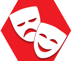 Red hexagon with symbol of drama masks representing UFT Players Committee