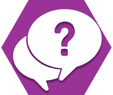 Hexagon with purple background and speech bubbles